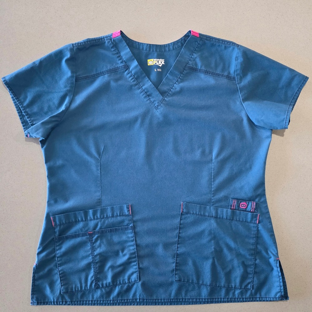 WonderFlex Womens V-Neck Scrub Top Teal Blue‎ Pink Trim Size L Pocketed Vented